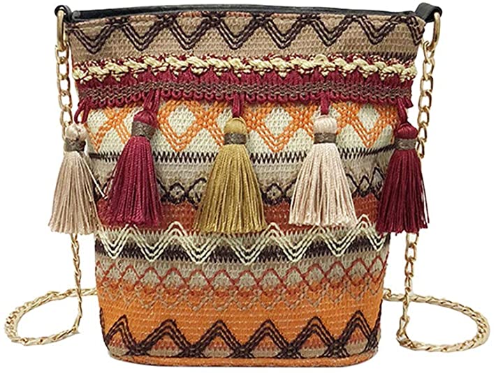 Lurrose Crochet Crossbody Bag Organizer Sling Bag Crochet Coin Purse with Fringe (Marron)