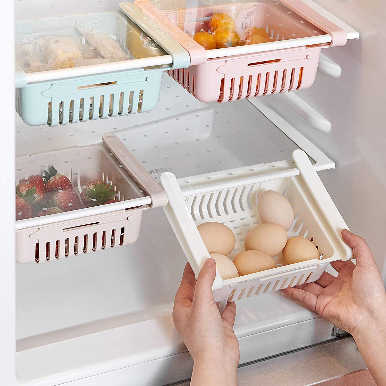 HapiLeap Organiseur de tiroir de réfrigérateur – Organiseur de réfrigérateur maintient le réfrigérateur bien rangé étagère paniers de récipients alimentaires (lot de 4)