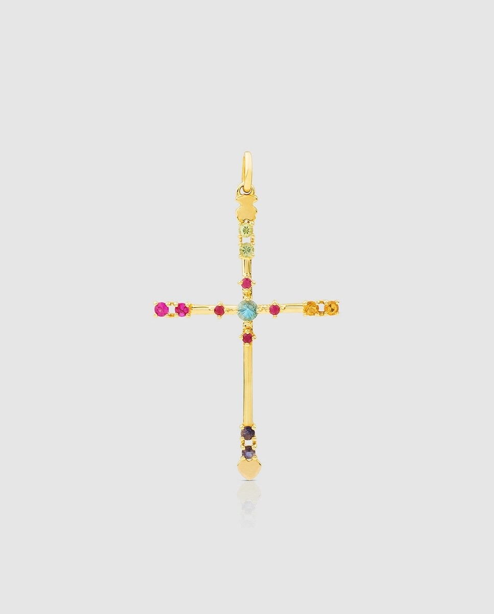 Pendentif croix TOus Mini Teatime en or jaune 18 carats et pierres multicolores