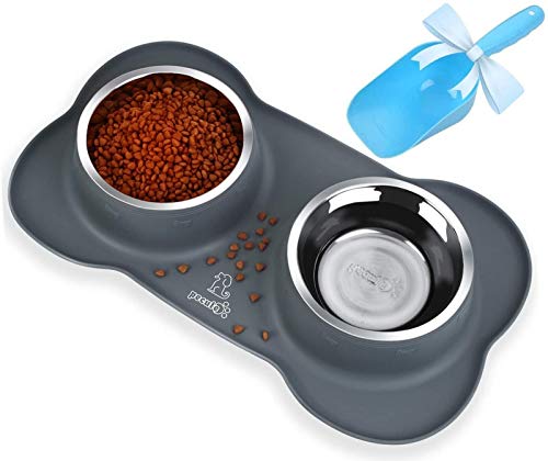 Pecute Gamelle pour chat et chien en acier inoxydable 12 oz/800 ml avec cuillère à nourriture, base en silicone antidérapante