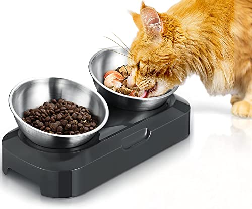 Pewingo Mangeoire pour chat et chien en acier inoxydable 800 ml avec angle réglable de 0° et 15°, mangeoire pour chat à base en silicone antidérapante