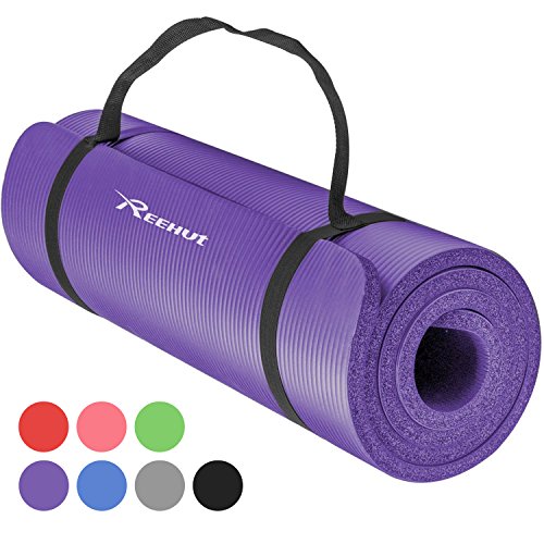 Tapis d'exercice de yoga REEHUT NBR, tapis d'entraînement de gymnastique Pilates multifonctionnel haute densité extra épais de 12 mm avec sangles, violet