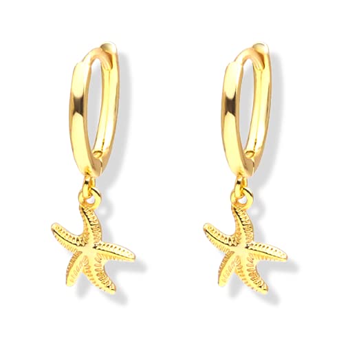 Boucles d'oreilles Starfish Design en argent sterling 925 plaqué or 18 carats - Ce sont de petites créoles avec des pendentifs en or qui sont parfaites comme boucles d'oreilles principales ou percées (paire)