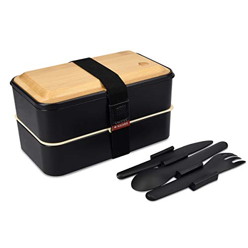 Navaris Boîte à Bento Scellée - Boîte à Lunch avec 2 Compartiments Couverts et Couvercle en Bambou - Boîte à Lunch - Noir