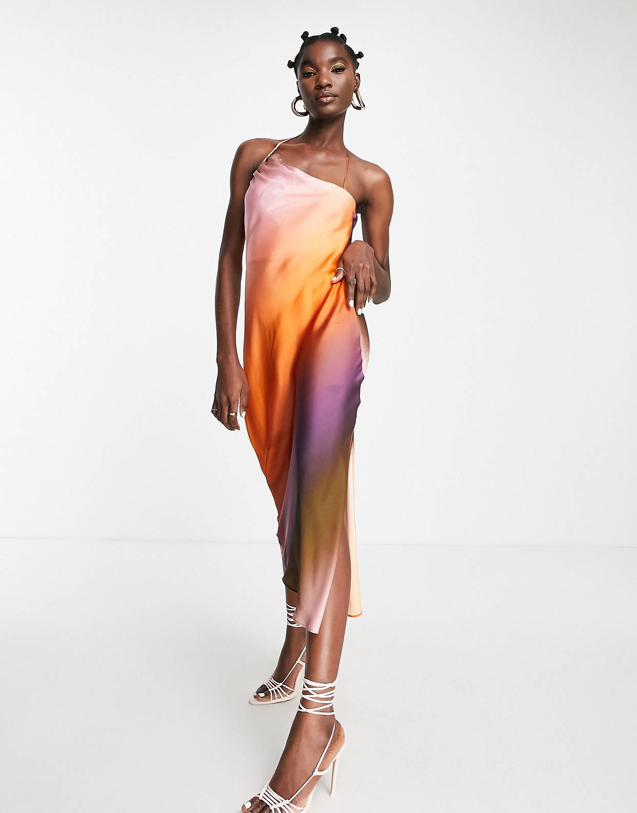 Topshop - Robe mi-longue multicolore à bretelles asymétriques et imprimé coucher de soleil