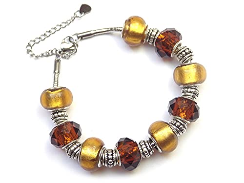 Thurcolas Bracelet à breloques pour femme Manhattan en acier inoxydable avec perles de verre dorées