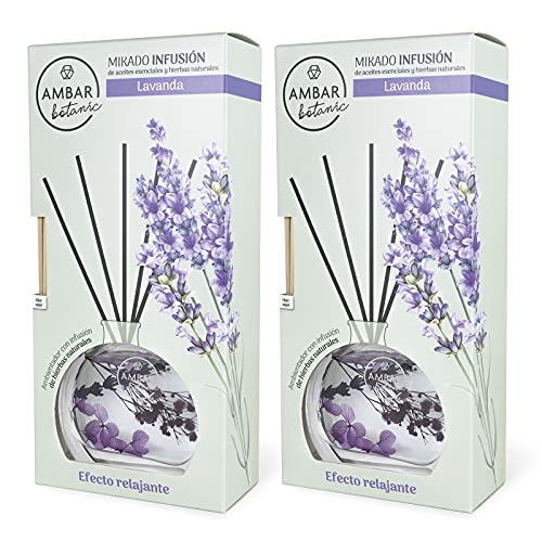 Ambar Botanic Air Freshener Mikado Lavender infusé d'huiles essentielles et d'herbes naturelles.  0% d'alcool, durée +3 mois.  (Paquet de 2 pièces x 75 ml)