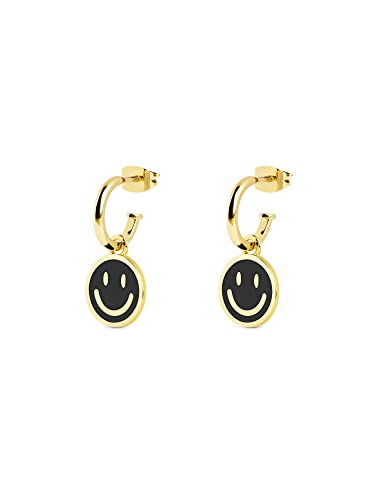 Boucles d'oreilles créoles dorées Smiley en émail noir - Bijoux pour femmes