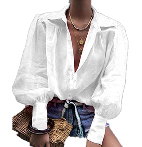 Chemise à manches ballon pour femme Haut imprimé à manches bouffantes Chemise à col roulé en mousseline transparente