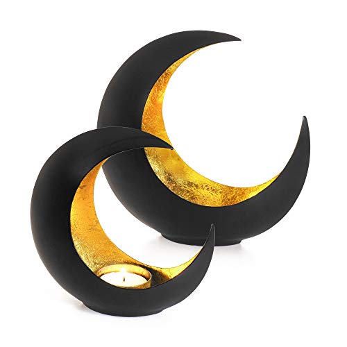 Bougeoir Gadgy Moon | Lot de 2 bougeoirs SHOPBOP | Extérieur noir et intérieur doré | Bougeoir en métal durable | Décor oriental | 15cm et 21cm