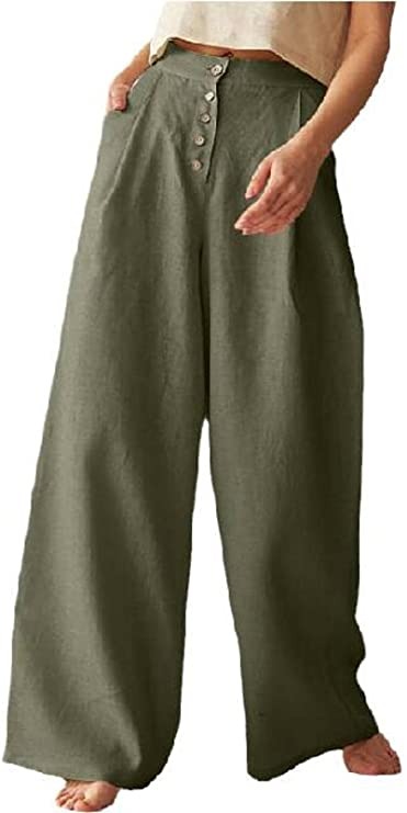 Pantalon simple en lin de coton ample pour femme couleur unie taille haute décontracté bouton lin pantalon à jambe large