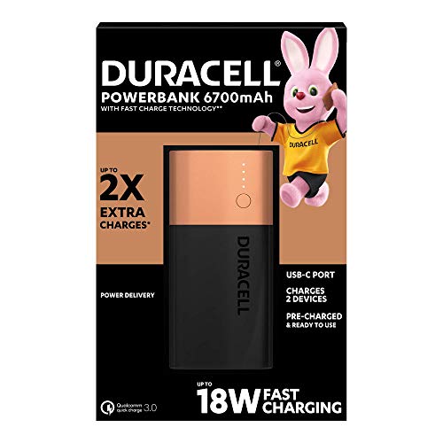 Duracell Powerbank 6700 mAh, Power Bank avec USB C et entrée/sortie de charge rapide, alimentation 18 W et charge rapide 3.0 pour iPhone, Samsung, Xiaomi et appareils alimentés par USB