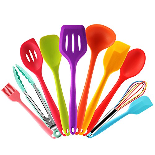 Ensemble d'ustensiles de cuisine en silicone coloré avec spatule, cuillère, cuillère, écumoire, fouet, pinces, brosse de cuisine, 10 pièces résistantes à la chaleur