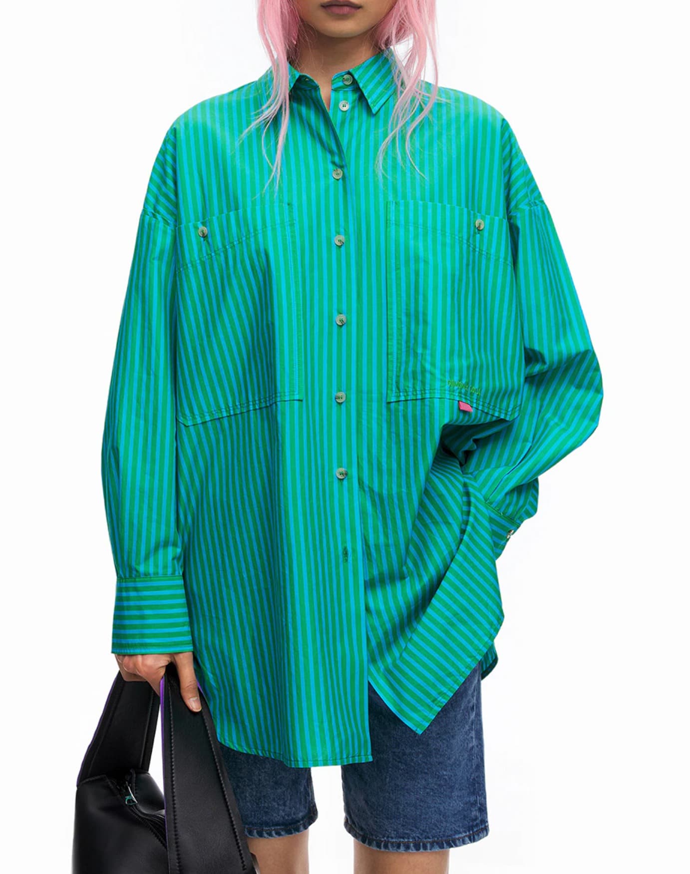 Chemise en popeline de coton à rayures verticales verte