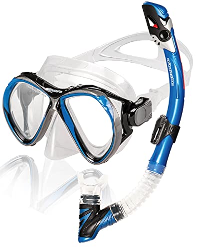 Équipement de plongée en apnée AQUAZON Barcelona, ​​équipement de plongée, équipement de natation, lunettes de plongée en verre trempé, équipement de plongée en apnée avec haut semi-sec pour enfants, adultes, couleur: bleu