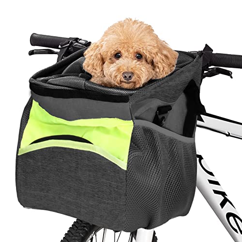 PETCUTE Panier de vélo pour chien, panier de vélo avant amovible pour chiens avec poches, sac de transport pour animaux de compagnie et vélo avec sangles rembourrées, matelas doux