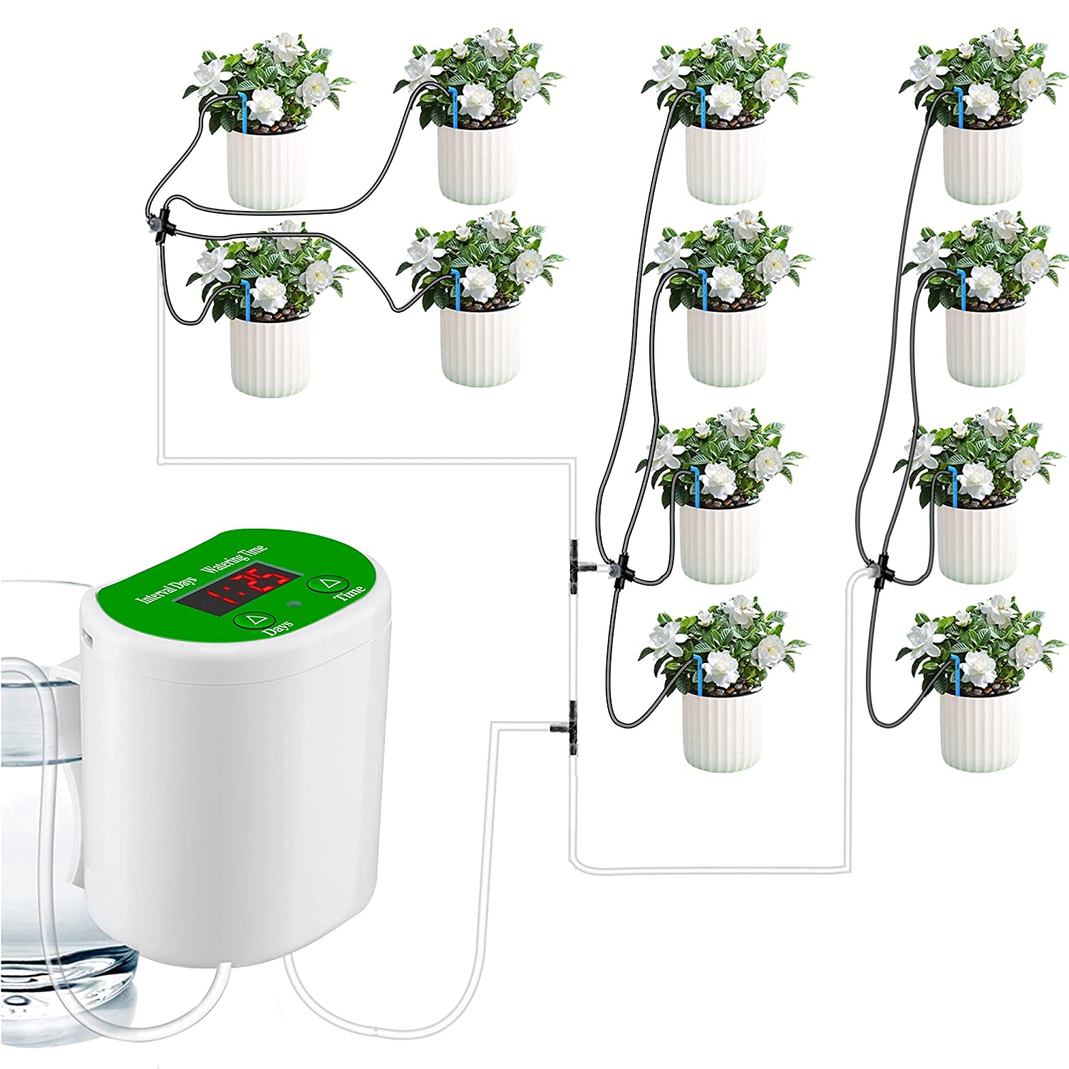 Aedcbaide Système d'arrosage automatique, kit goutte à goutte pour 12 plantes d'intérieur, affichage LED et système d'arrosage automatique rechargeable par USB Unité d'arrosage pour plantes en pot