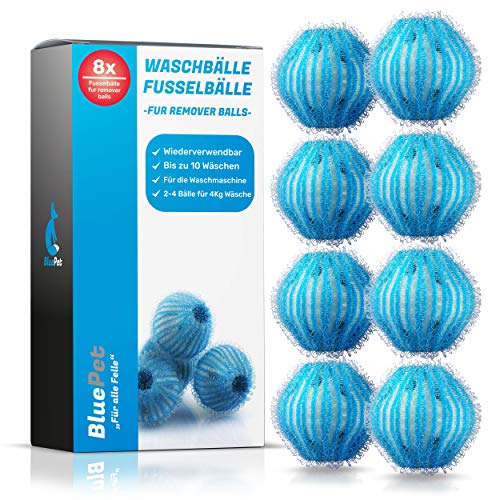 BluePet® 8X Pompons pour Machines à Laver - Retirer les Poils et les Peluches d'Animaux, Piège à Cheveux pour Sèche-linge - Pompons - Boules de Linge (8x Bleu)