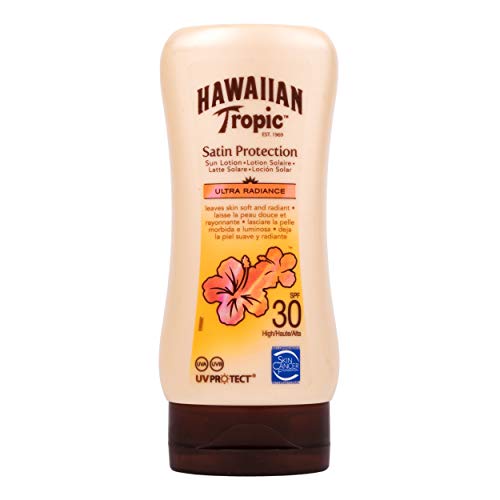 Hawaiian Tropic Satin Protection Ultra Radiance - Lotion solaire haute protection, SPF 30, protège et adoucit la peau, parfum de fruits tropicaux, 180 ml
