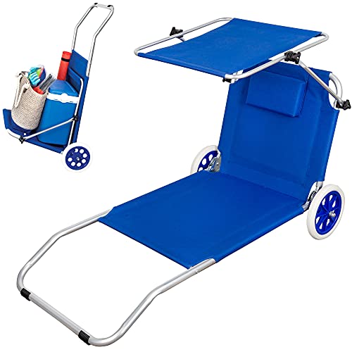 Aktive 62610 - Chaise de Plage à Roulettes, Chaise de Plage à Roulettes, 2 Roues, avec Parasol, Chaise de Plage à Roulettes, 67 x 117 x 89 cm, Hauteur d'Assise 11 cm, Poids Maximum 110 kg, Bleu, Aktive Beach