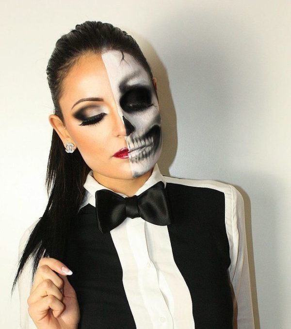 Maquillage halloween demi-visage squelette yeux noirs