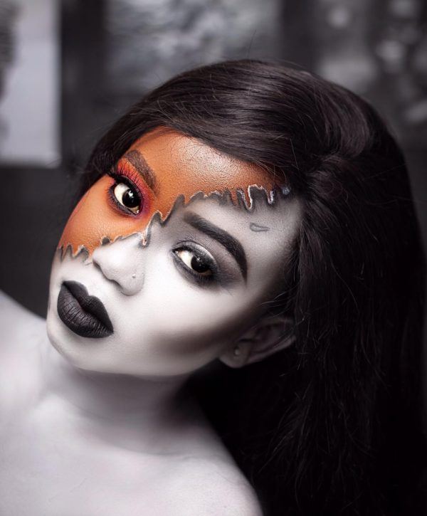 maquillage demi-visage blanc et noir halloween 