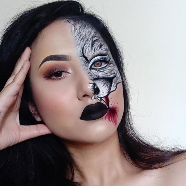 Maquillage demi-visage de loup d'Halloween 