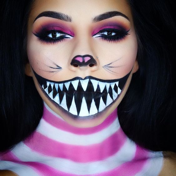Maquillage halloween chat rayures roses