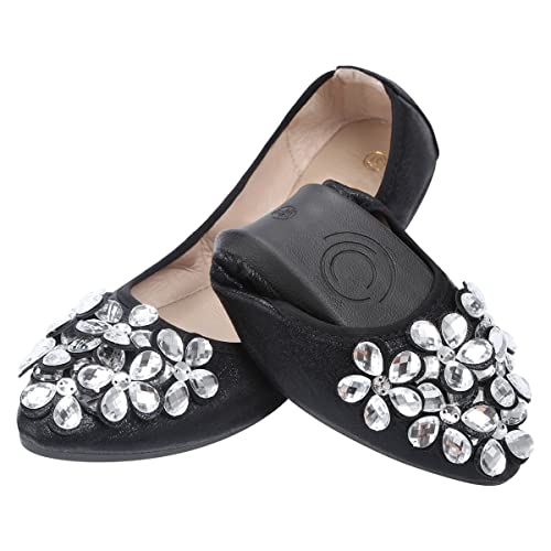 QIMAOO Chaussures de Ballet Pliables pour Femmes Chaussures de Danse Pliables Talons Hauts Strass Chaussures d'été, Portables et Confortables pour la Fête de Mariage, Noir, 38.5 EU