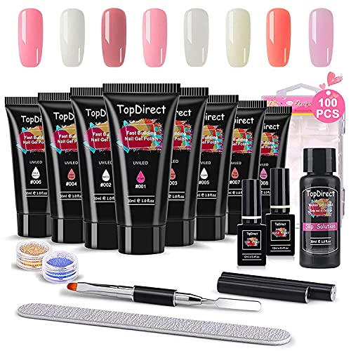 Kit complet pour ongles en gel TopDirect 8 couleurs 30 ml UV Nail Extension Gel, kit pour ongles en gel avec couche de base, solution de glisse, nettoyant pour ongles et 100 pièces de pointes d'ongles, cadeau pour femme