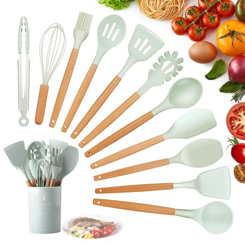 Batterie de cuisine en silicone, KagoLing Batterie de cuisine antiadhésive 12 pièces résistante à la chaleur avec poignées en bois