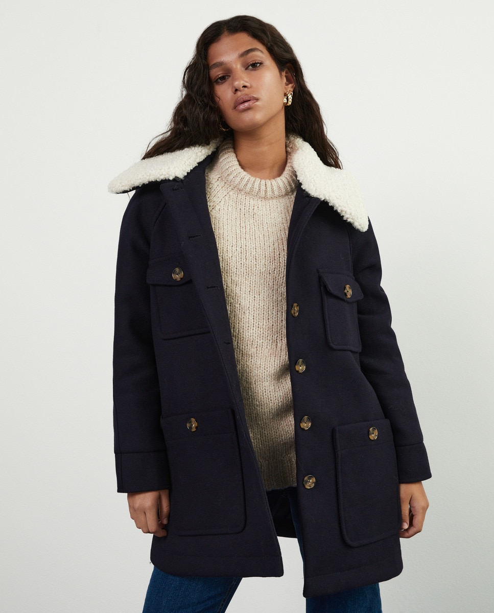 Manteau femme uni col mouton.