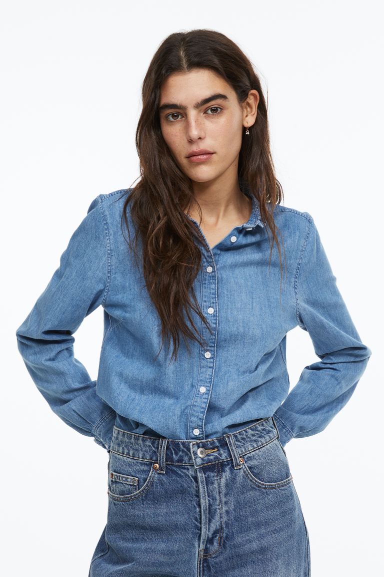 chemise en jean à col volanté