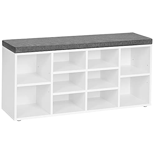 VASAGLE Banc à chaussures, étagère à chaussures, meuble de rangement, 10 compartiments avec coussin, pour entrée, 104 x 30 x 48 cm, blanc LHS10WT