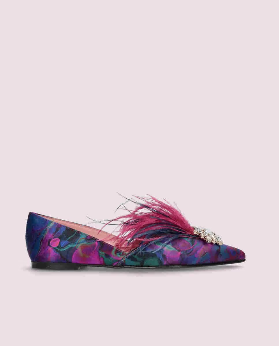 Jolies ballerines broche Swarovski imprimé multicolore et ballerines en soie plumes d'autruche