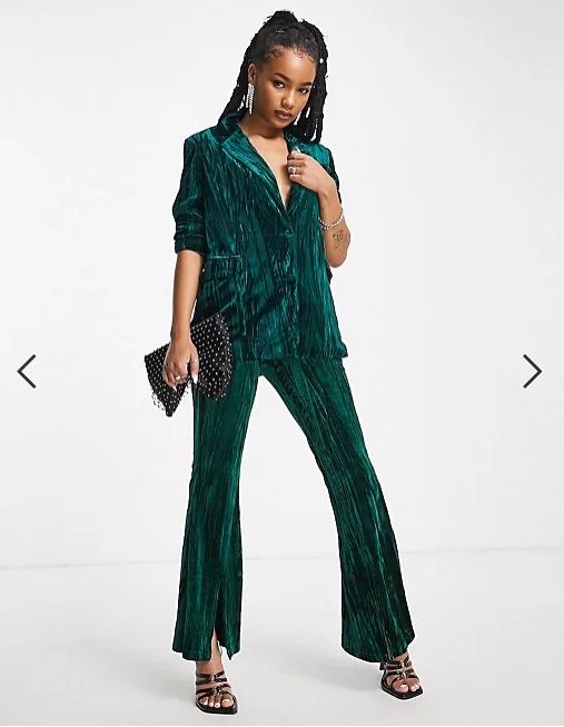 Extro & Vert Petite - Ensemble blazer et pantalon oversize en velours, vert émeraude