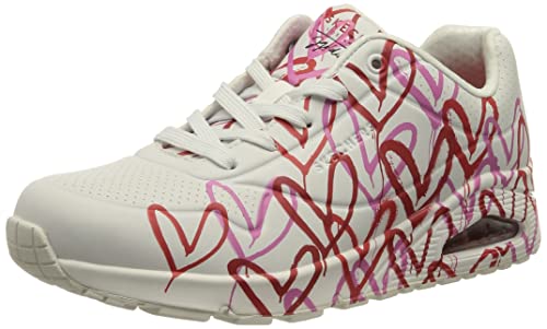 Skechers Uno Spread The Love, Baskets pour femmes, Blanc W Rouge et Rose Coeur Imprimé Durabuck M, 36 EU