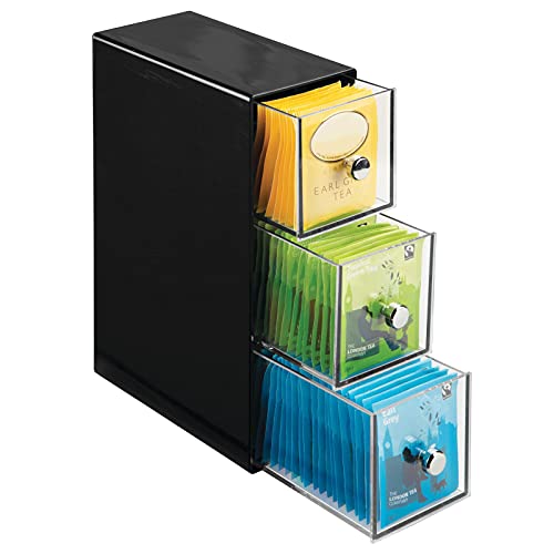 Organisateur de cuisine mDesign avec 3 tiroirs en plastique - Mini tiroir pour tisane, sachets de thé, sachets de café, sucre et plus encore. – Boîte à thé en plastique – Noir