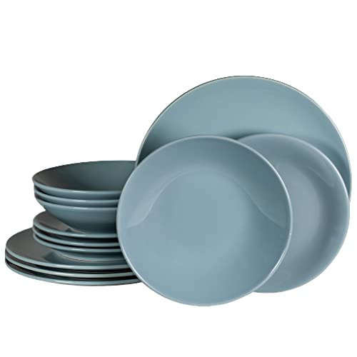 Vaisselle Cesiro, lot de 12, 4 assiettes à dessert/assiettes longues/assiettes profondes, bleu gris, passe au lave-vaisselle/électrique/micro-ondes/congélateur.