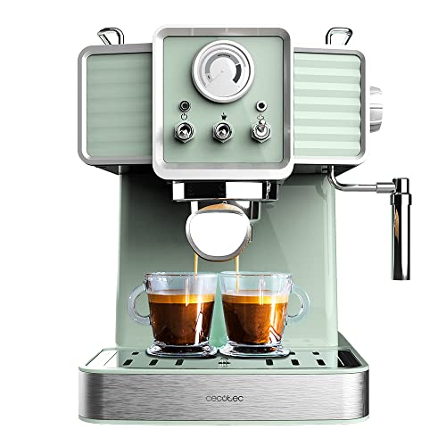 Machine à Café Cecotec Express Power Espresso 20 Traditionnel Vert Clair. 1350W, Espresso & Cappuccino, 20 Bâtonnets à Café & Thermobloc, Vaporisateur, Manomètre, Design Rétro, Capacité 1.5L