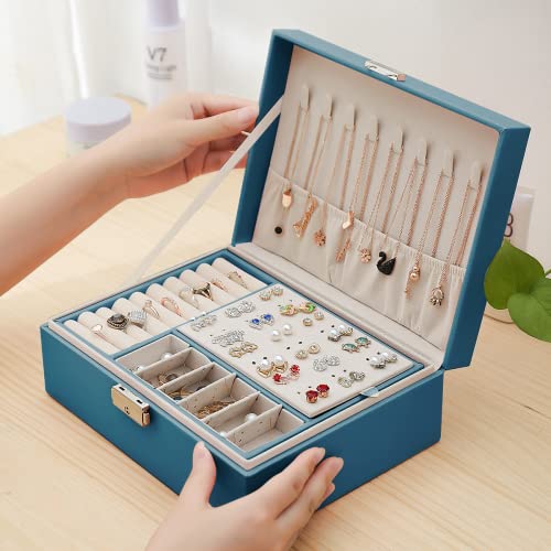 EKKONG Boîte à bijoux pour femmes, boîte à bijoux en cuir avec serrure 2 niveaux organisateur boîte à bijoux de voyage petite boîte à bijoux portable pour boucle d'oreille bague collier stockage (vert)